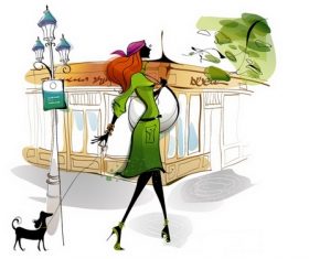 Vector illustration of a woman walking the dog