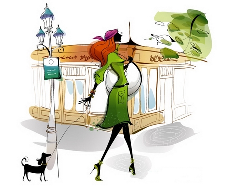 Vector illustration of a woman walking the dog