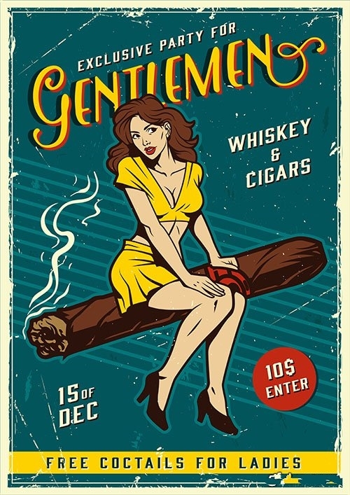 Vintage gentlemen party poster with pin up girl vector