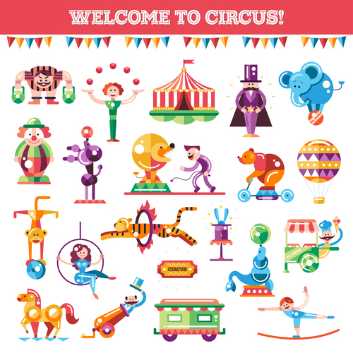 Welcome to circus flat design style icons set vector