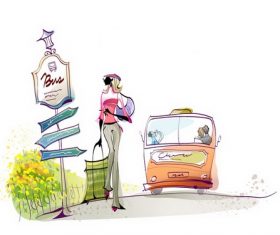 Woman illustration vector passing by the bus stop