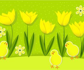 Yellow tulips and chickens Easter illustrations in vector