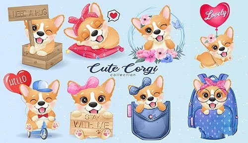 cute little corgi life with watercolor illustration set vector