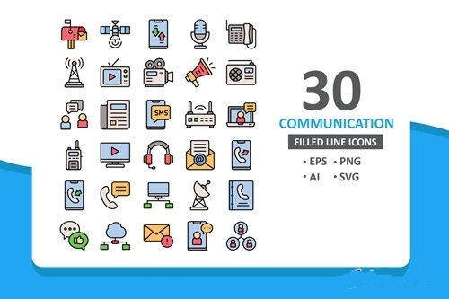 30 Communication Icons filled line vector