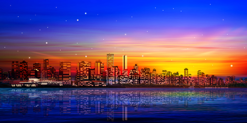 Abstract city background and red sunset vector