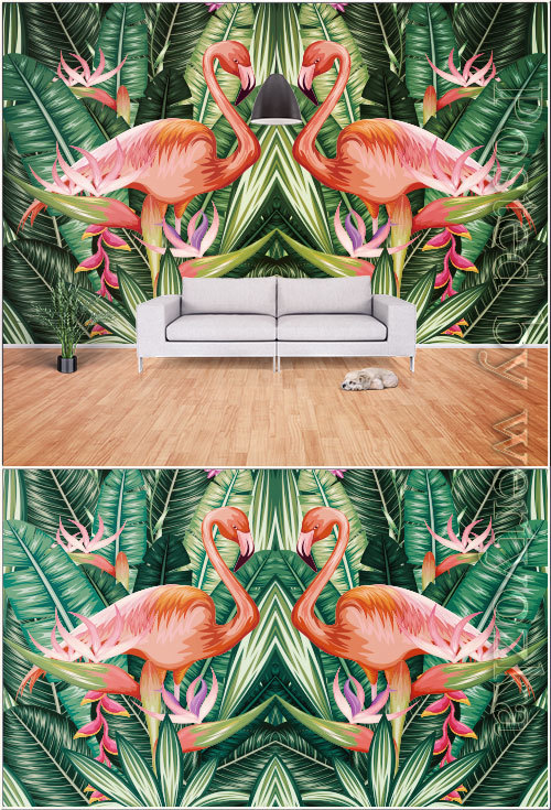 Abstract tropical rainforest banana leaf flame bird tv background vector