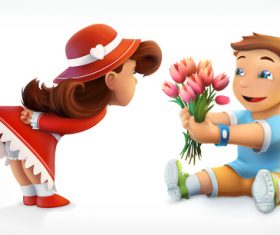Boy giving girl flowers vector icons