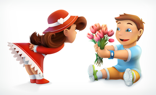 Boy giving girl flowers vector icons