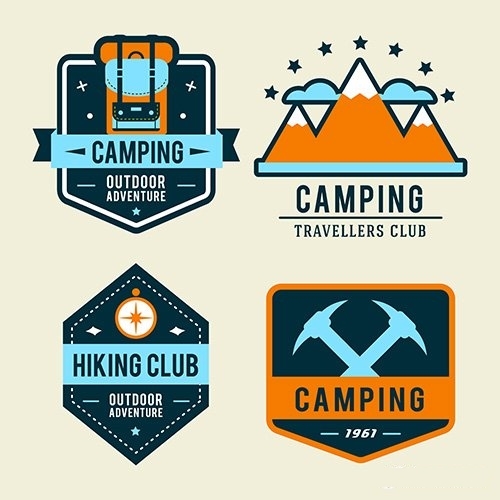 Camping flat set with hiking equipment outdoors badge vector