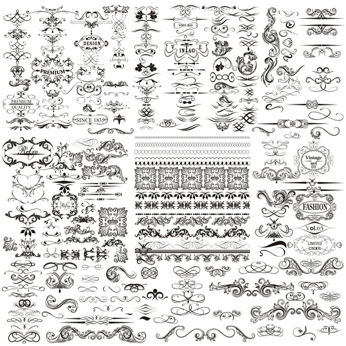 Collection or mega set of vector calligraphic elements and page decorations