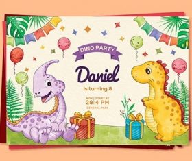 Hand painted watercolor dinosaur birthday invitation vector