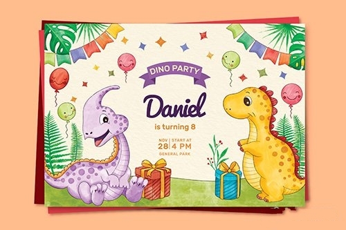 Hand painted watercolor dinosaur birthday invitation vector