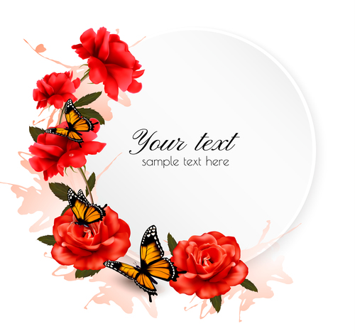 Holiday background with beautiful red flowers and butterflies vector