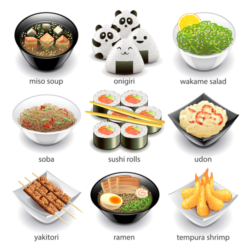 Japanese food icons realistic vector