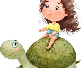 Little girl cartoon illustration vector sitting on the back of a tortoise