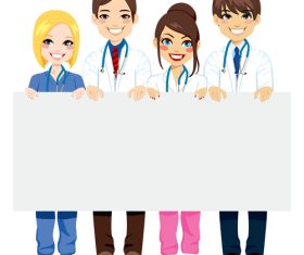 Male and female doctors holding white board cartoon characters vector