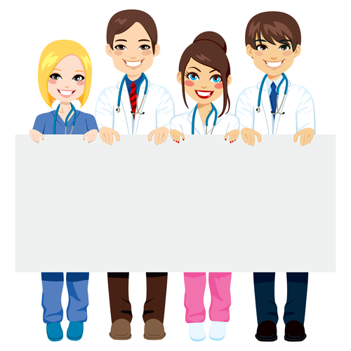 Male and female doctors holding white board cartoon characters vector