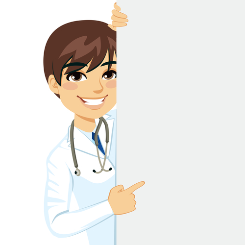 Male doctor cartoon character vector pointing finger at whiteboard