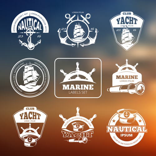 Marine nautical vector labels on blurred background