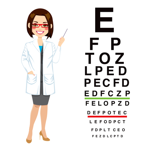 Ophthalmologist and eye chart cartoon illustration vector