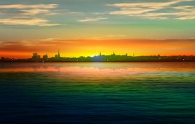 Panorama of city and sunrise vector