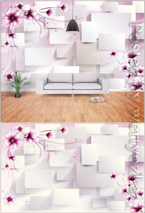 Romantic 3d stereo flowers geometric lines flowers tv background wall vector