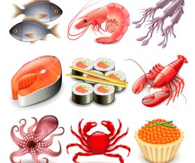 Seafood icons realistic vector