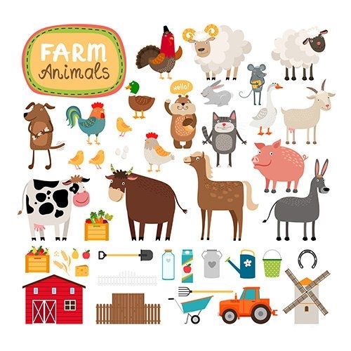 Set of farm animals agricultural accessories vector