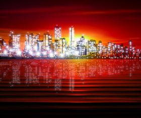 Silhouette of city vector illustration with red sunset background