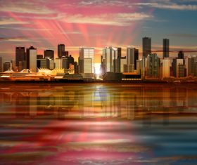 Vector background with panorama of city and pink sky