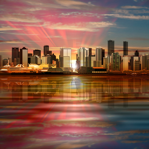 Vector background with panorama of city and pink sky