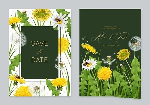 Wedding invitation card template with leaves vector