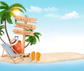 Beach chair and palms and wooden sign vector