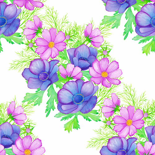 Blue and pink flowers seamless background vector