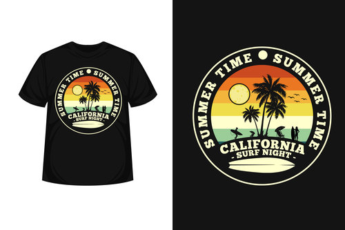 California surf night merchandise silhouette t shirt design vector