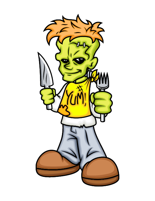 Cartoon character holding knife and fork in hand vector