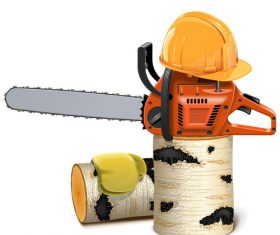 Chainsaw with helmet and birch firewood vector