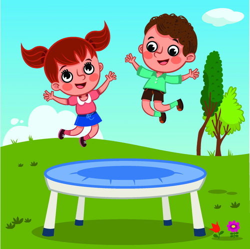 Children playing bouncing bed cartoon illustration vector