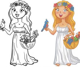 Cute girl cartoon colorful and black and white image vector