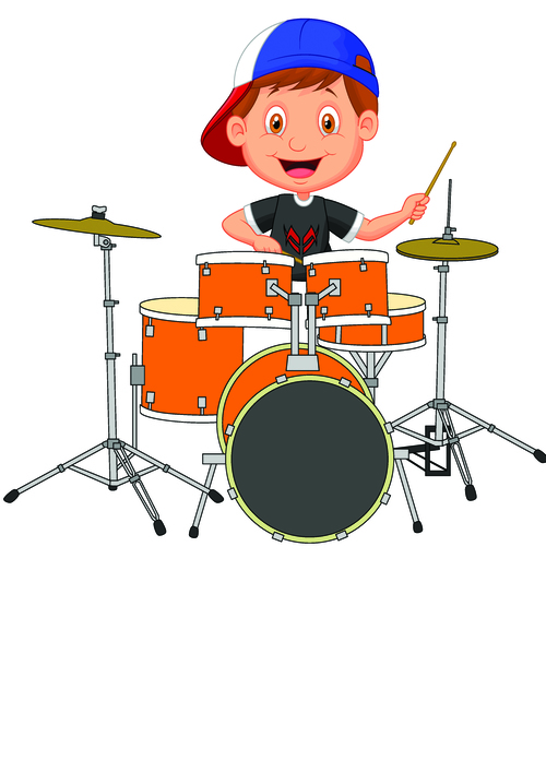 Playing drum set kid cartoon illustration vector