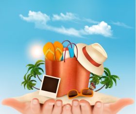 Travel background with palm and beach bag in hands vector