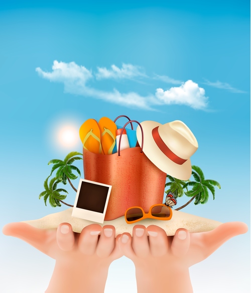 Travel background with palm and beach bag in hands vector