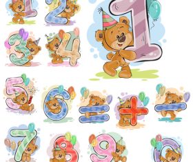 Birthday number and little bear cartoon vector