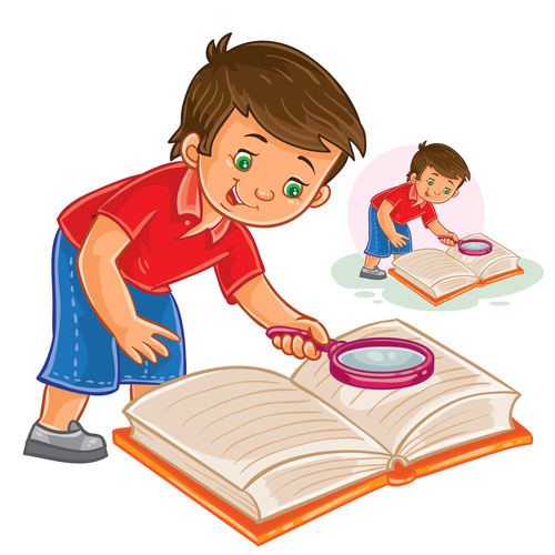 Children holding magnifying glass and reading book vector