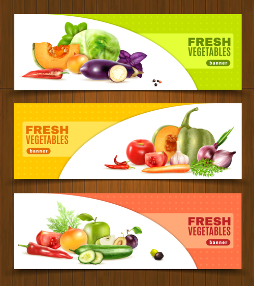 Different kinds of fresh fruits and vegetables banner vector