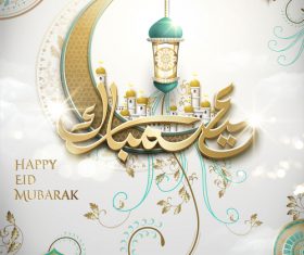 Eid mubarak golden crescent and fanoos hanging in the air vector