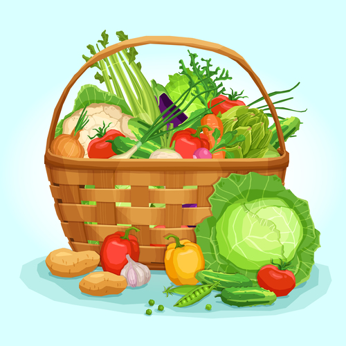 Fresh vegetables in wicker basket vector illustration