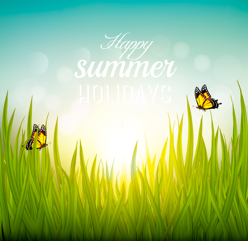 Green grass and sun and butterfly summer background vector