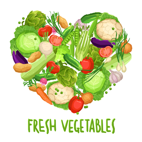 Heart made by different vegetables on white vector