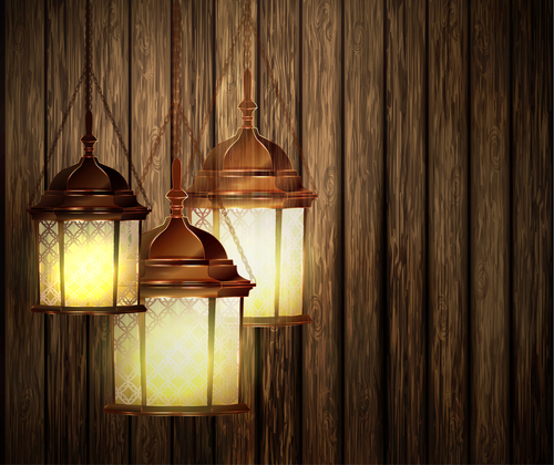 Lantern and wood board background vector